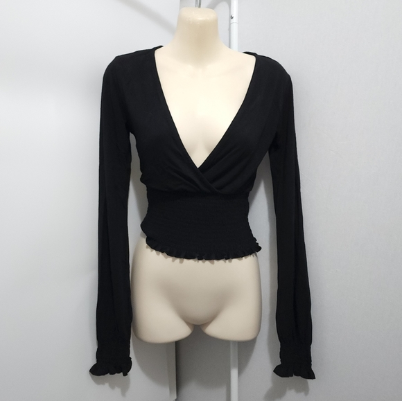 Aus S Glassons Black Wrap Front Long Sleeve Stretch Crop Top - Picture 16 of 16